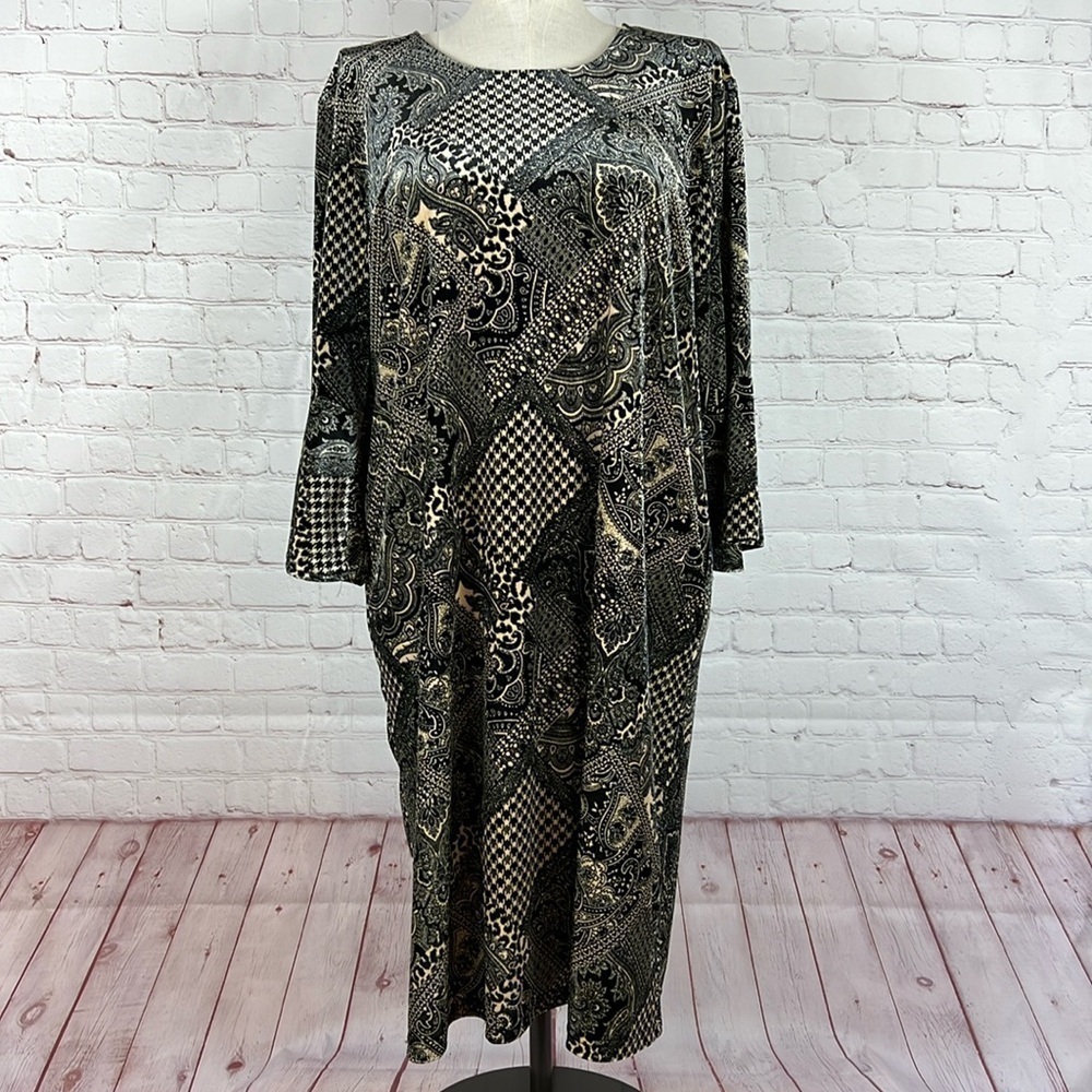 Serengeti Black Tan Paisley Plaid Bell Sleeve Sheath Midi Dress Size 1X Plus